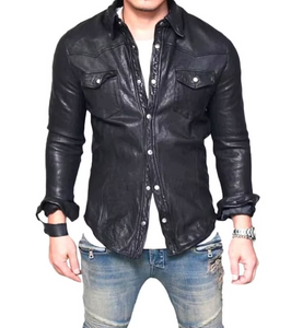 Men's Black Leather Shirt Jacket Slim Fit Biker Jacket