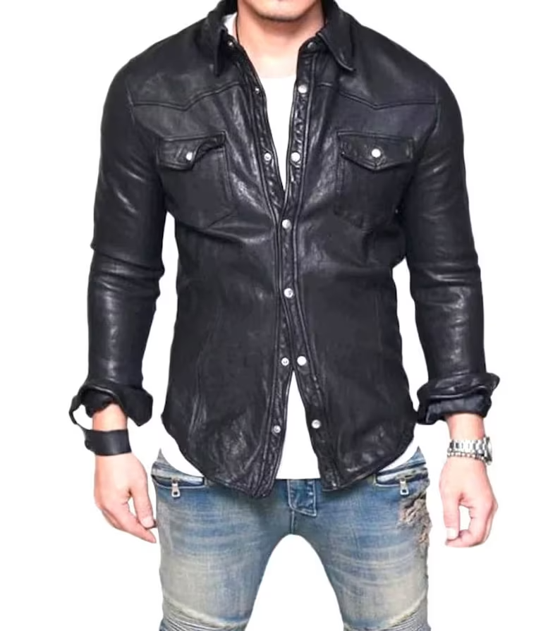 Men's Black Leather Shirt Jacket Slim Fit Biker Jacket