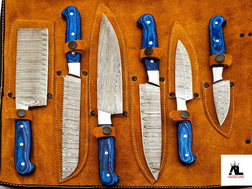 Beautiful Custom Handmade Damascus Kitchen Knife Set - Blue Handle, Leather Sheath, Chef Knife