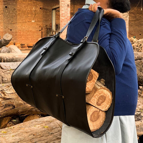 Personalised Leather Firewood Log Carrier Handmade Leather Logs Tool Bag